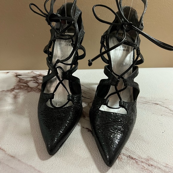 Stuart Weitzman Black Patent Leather Excite Pointy Toe Lace Up Pumps 6.5 M. - Picture 2 of 11
